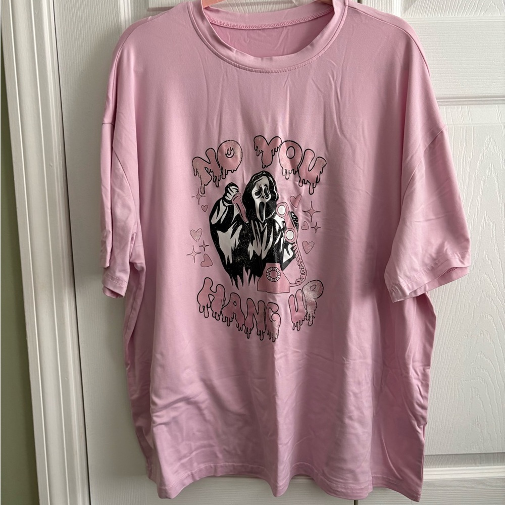 SHEIN Pink Graphic Short Sleeve Tee  with Ghost Face saying “No you hang up” XL